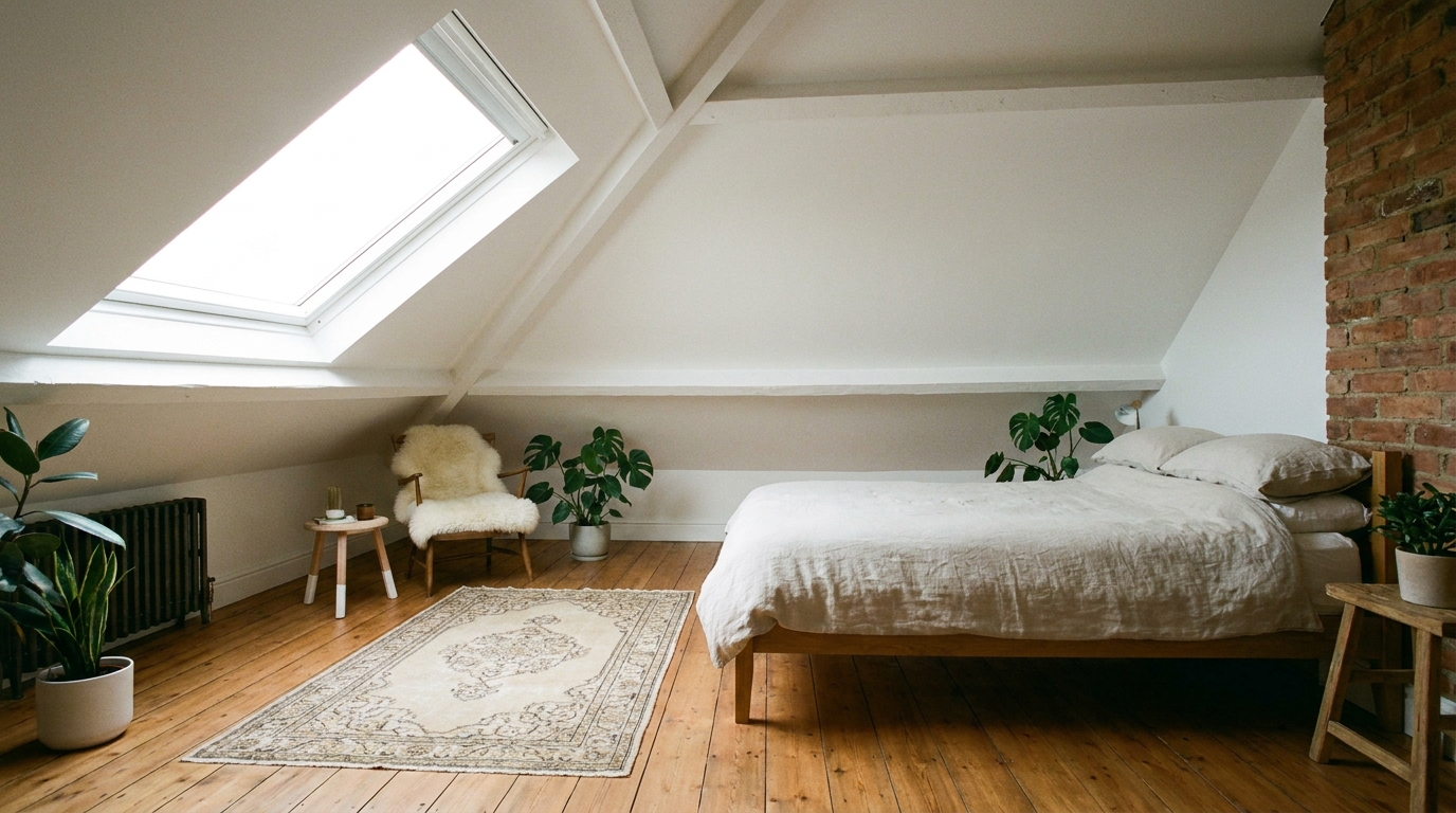 Bright finished loft conversion bedroom with Velux skylights and exposed timber beams